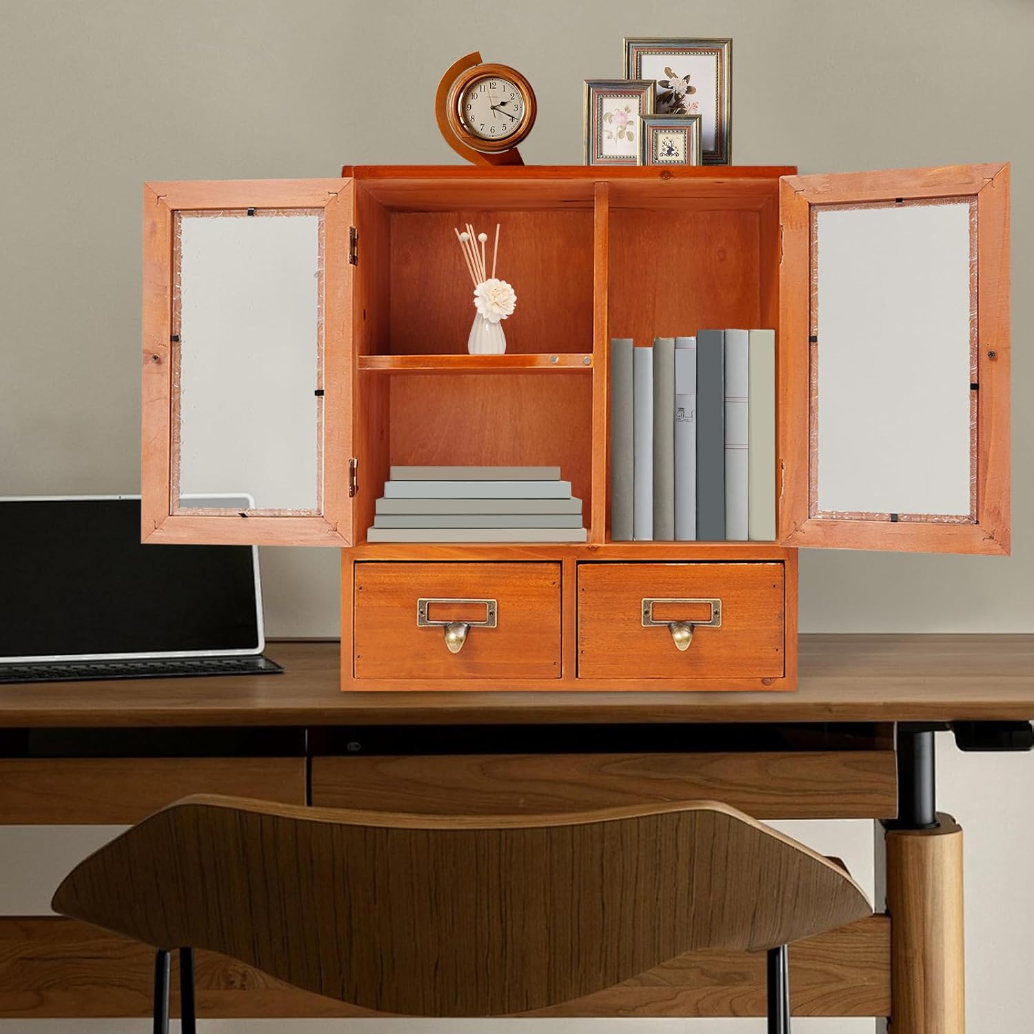 Vintage Countertop Storage Cabinet, Pine Wood Apothecary Cabinet with Drawers and Doors, Rustic Mini Desktop Cabinet for Kitchen, Bathroom, Office, Pantry-12 * 4.7 * 14in