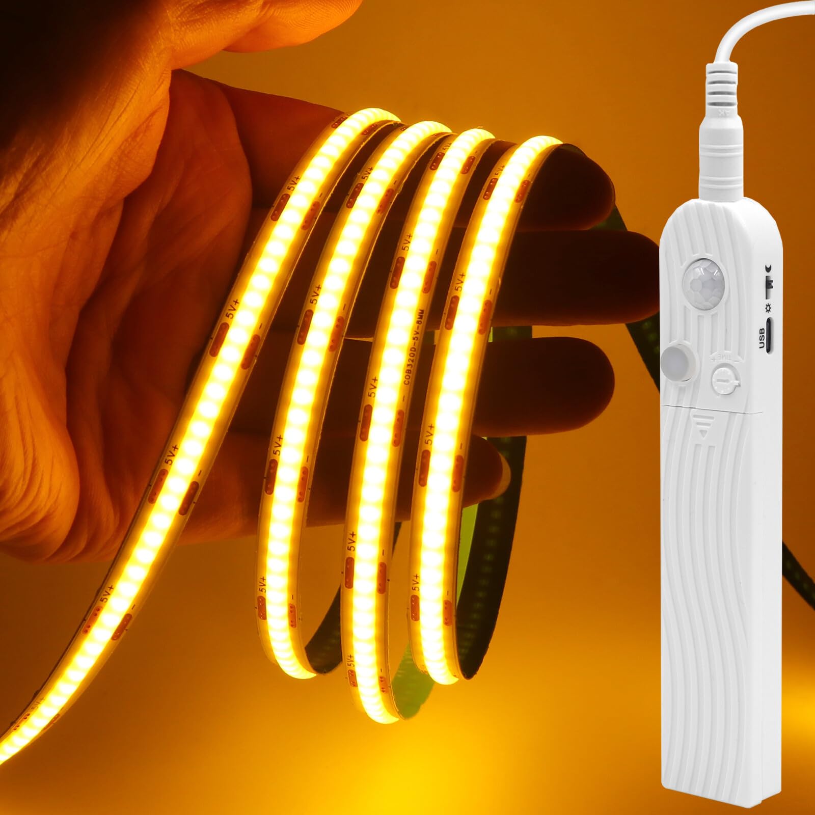 GQL Motion Sensor COB LED Strip Lights - PIR 5V Battery or USB Powered, Self-Adhesive for Closet Wardrobes Cabinets Stairs (Golden Yellow, 2m) โ image 1