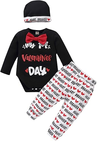 suomate Baby,Clothing,Baby Boys 0-24m,Outfits & Clothing Sets Baby Boy First Valentines Day Outfit Long Sleeve My 1st Valentines Day Bodysuit Romper Letter Print Pants Hat 3PCS Set