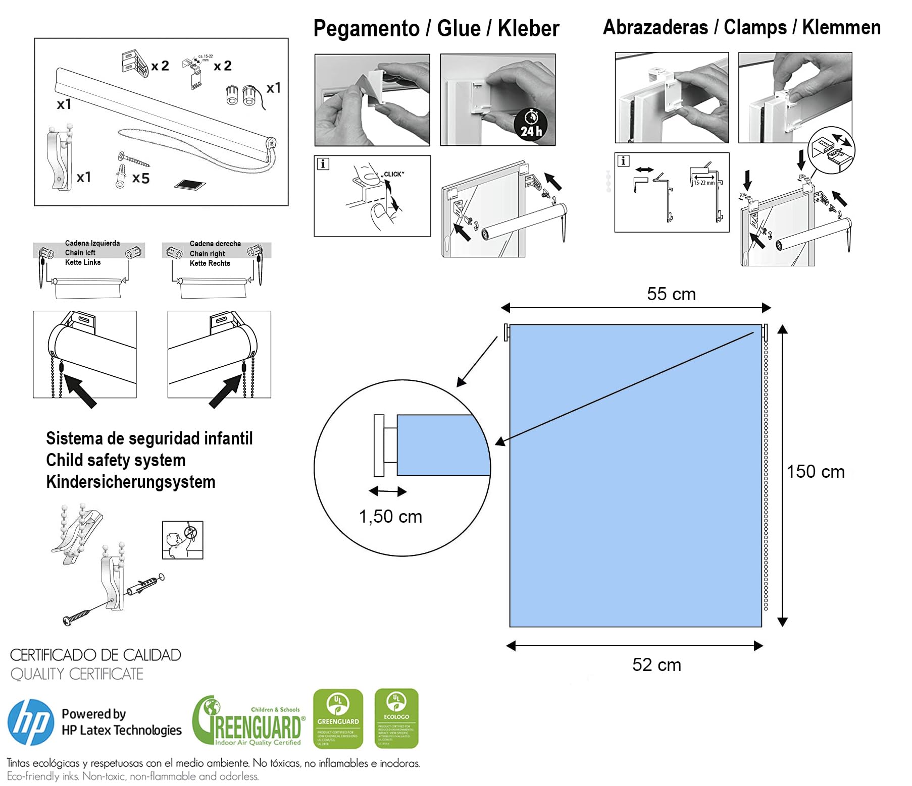 Estoralis | Animaux | Store Enrouleur | sans Outil Tissu translucide imprimé | A-164 | 55 x 150 cm. (Largeur/Hauteur) Taille du Tissu 52 x 150 cm. | Stores pour fenêtres et Portes