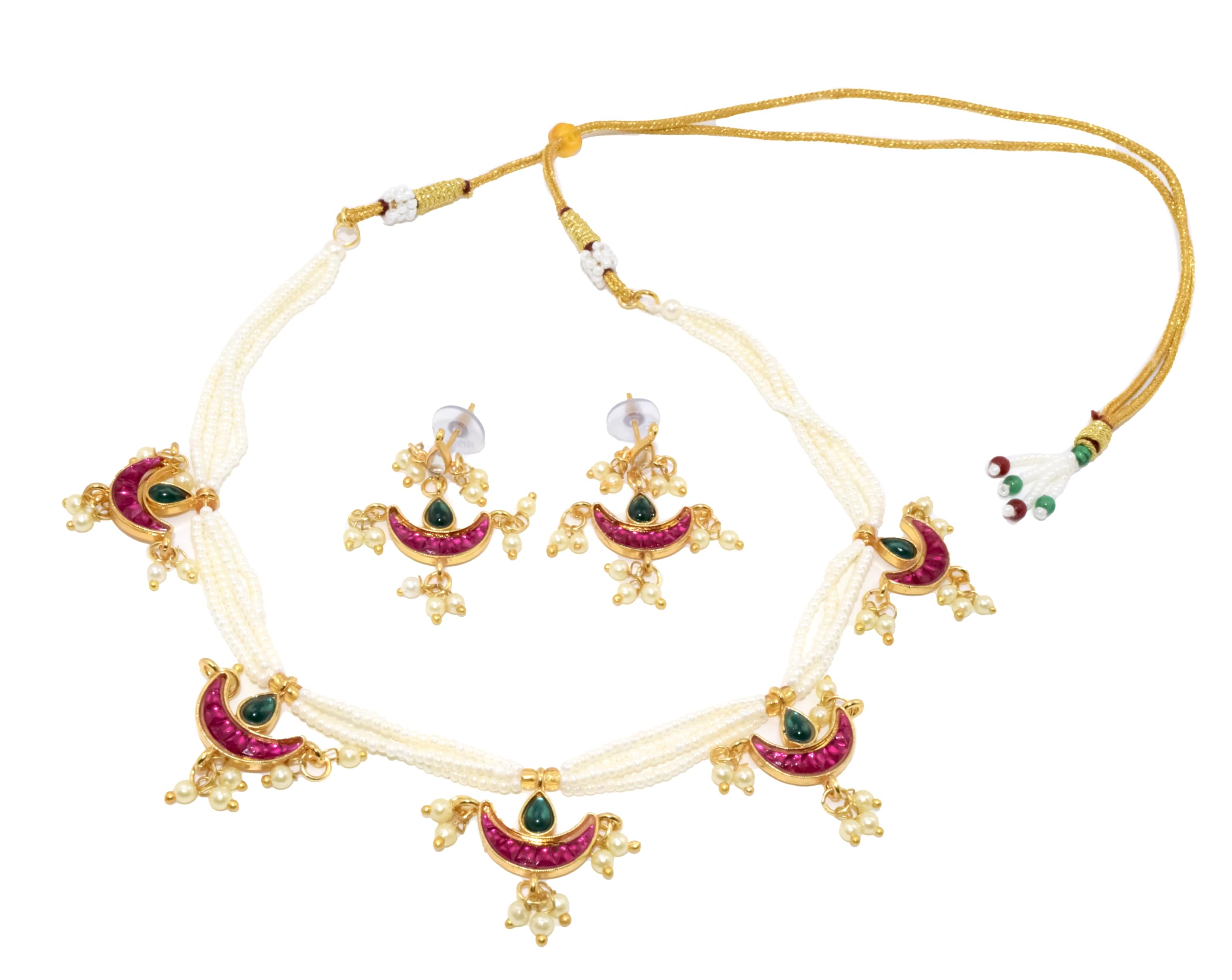 Shahi Pehnawa Traditional Moon Pearl Necklace Set with Pink Crescent 5Piece Pendants, Gold-Plated Necklace, Green Stone Details, White Pearl Strings | Chand Necklace Set for Womens and Girls-image-24