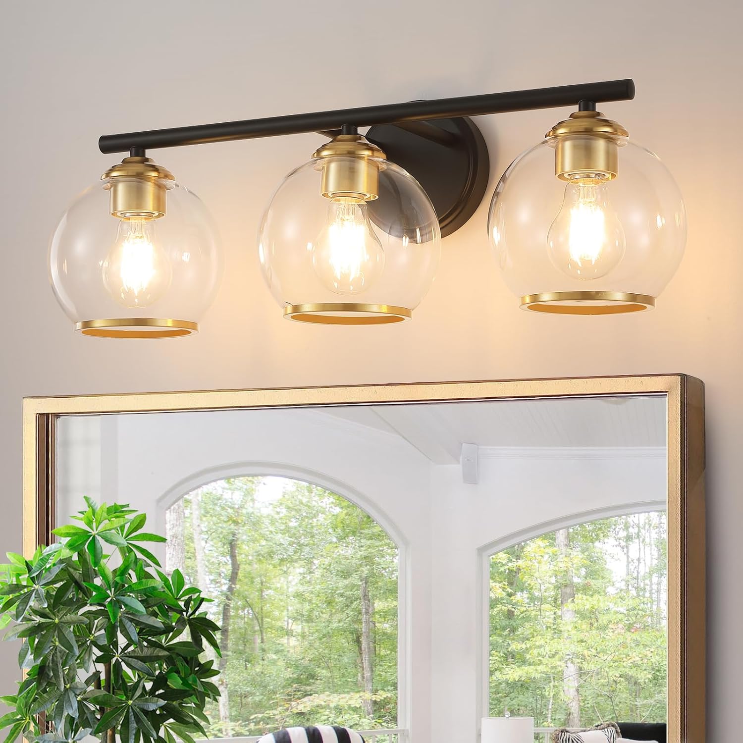 black and gold bathroom vanity light over mirror, 3 light bathroom light fixtures with clear globe glass shade, modern vanity lighting wall mounted black & gold 3 light