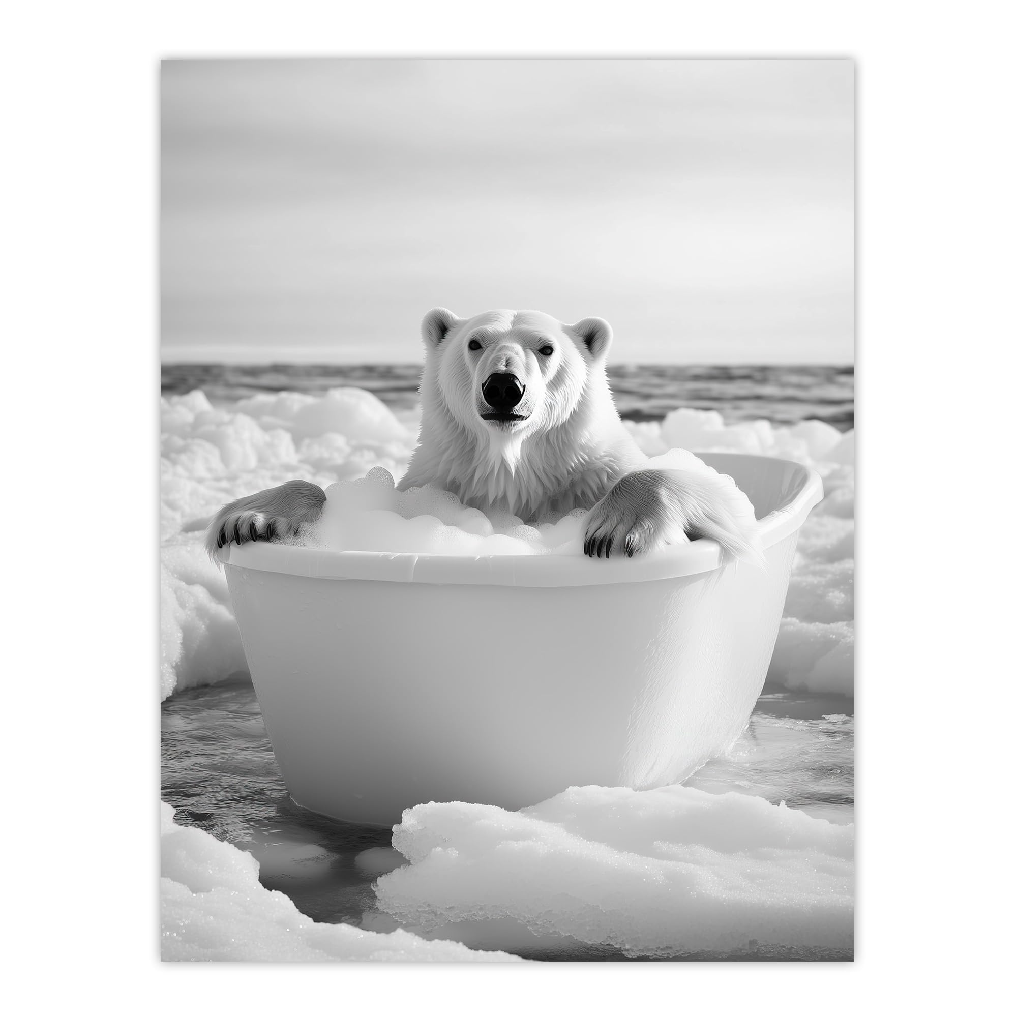 Artery8 Polar Bear In Bathtub Black White Arctic Seascape Bathroom Toilet Large Wall Art Poster Print Thick Paper 18X24 Inch