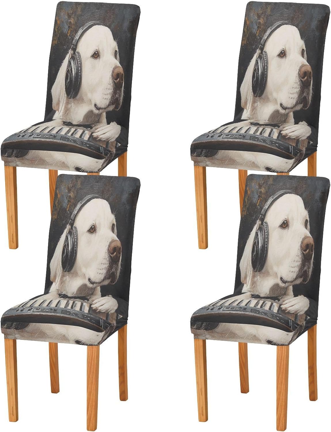 ALAZA Chair Covers for Dining Room, Labrador Enjoy Music Stretch Chair Cover Sets Chair Protector Removable Washable for Ktichen Restaurant Hotel