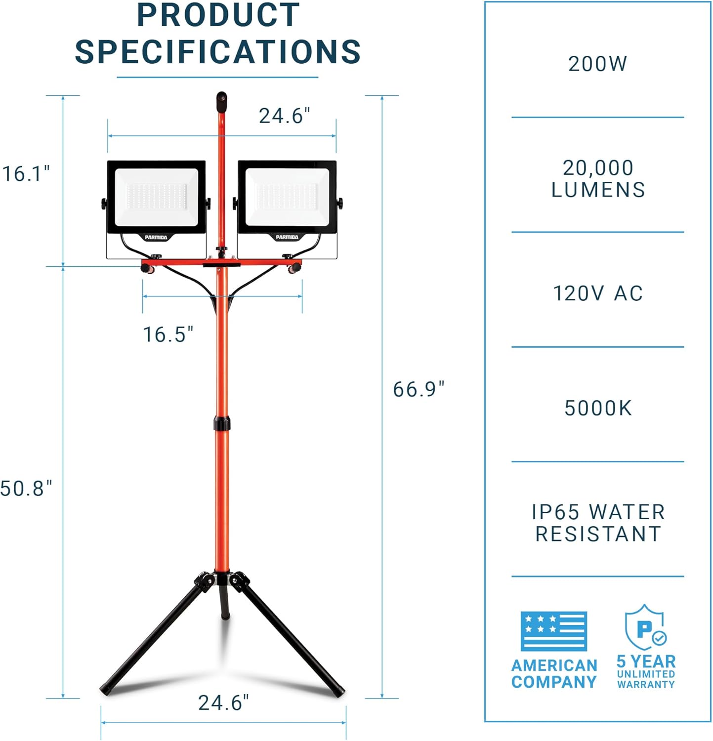 PARMIDA LED Dual-Head Work Light, 6ft Adjustable Tripod Stand, 20,000 Lumen, 200W, UL Approved Power Cord, Durable Aluminum Body, IP65 Waterproof, Foldable Stand, Multi-Directional & Detachable Heads