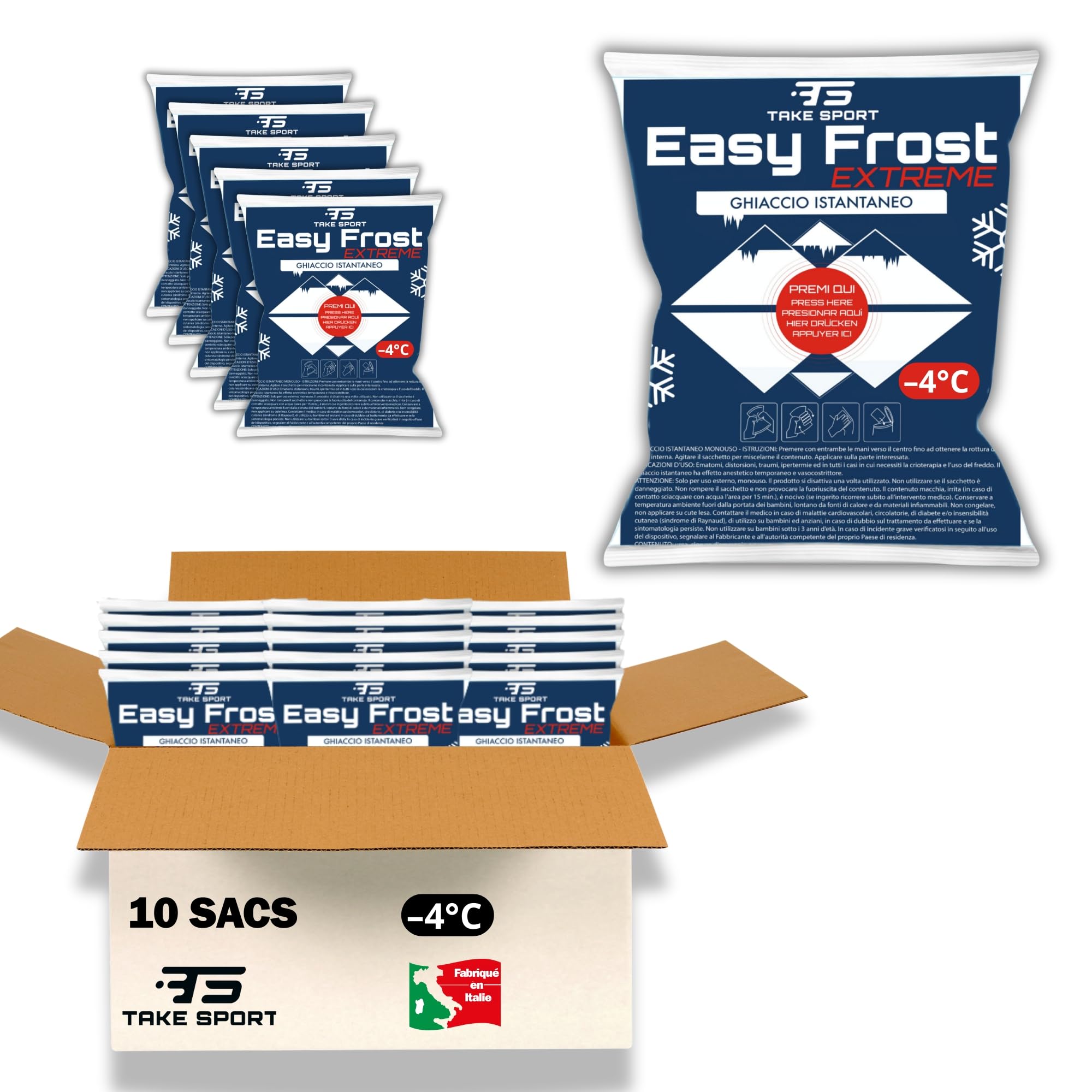 TS Take Sport® Pack de Froid Instantané Extreme 10 Pièces – Compresses Froides Jetables pour Athlètes Professionnels Sport Récupération Douleur Entorse Glace Carbonique Premiers Secours
