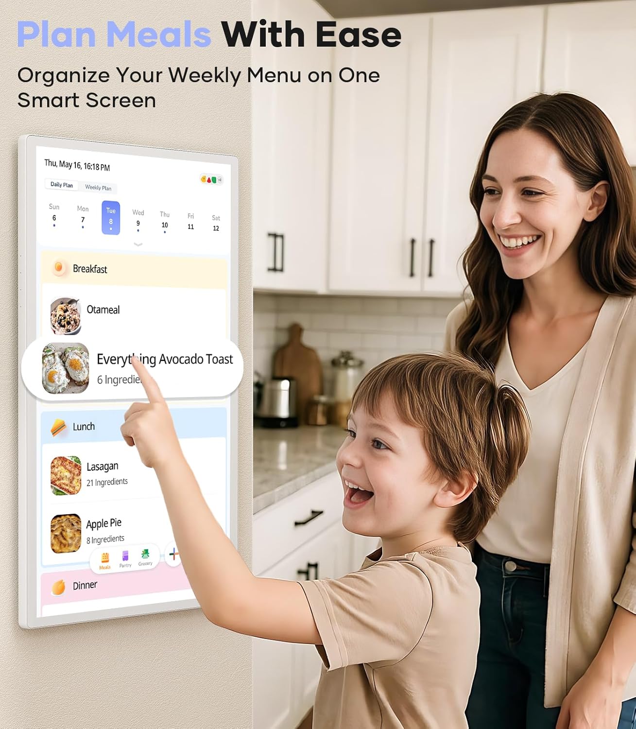 A child pointing at the Cozyla Digital Calendar+ 2 displaying a meal plan with breakfast, lunch, and dinner options.