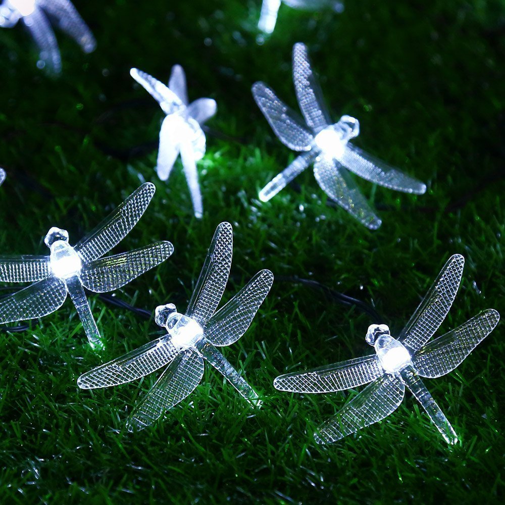 Dragonfly Solarne łańcuchy świetlne na zewnątrz, 6 m, 30 diod LED, wodoodporne, dekoracyjne oświetlenie do użytku wewnątrz i na zewnątrz, do domu, ogrodu, trawnika, na patio, przyjęcie i