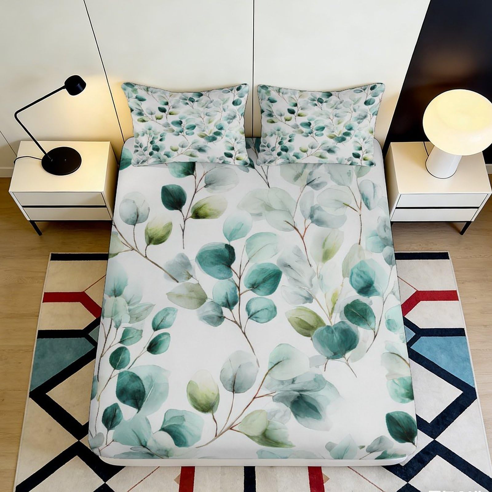 3D Printed Green Eucalyptus Fitted Sheet Microfiber Soft Botanical Leaves Mattress Cover Bedroom Decor Washable 90x200x25cm