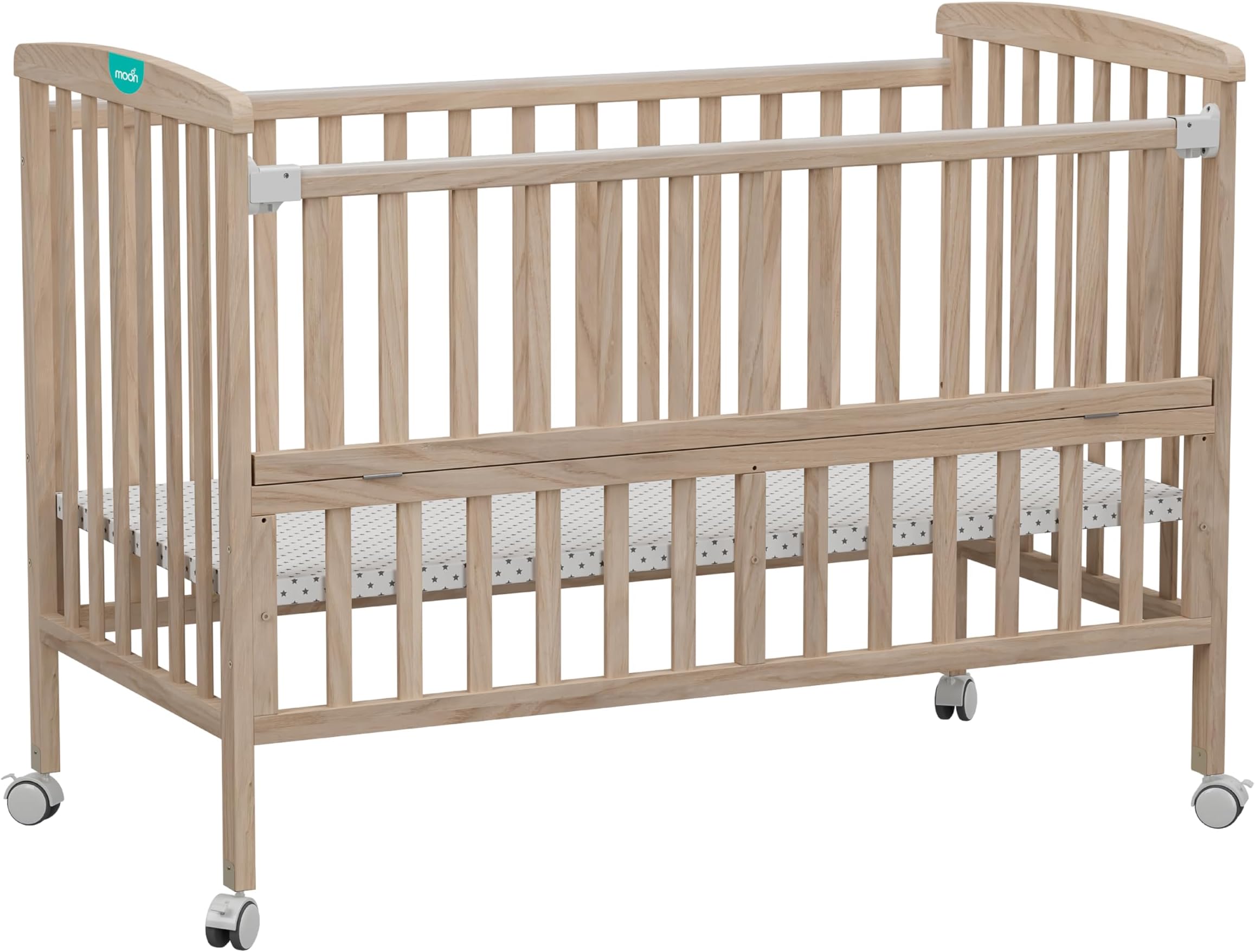 The Moon Brand Wooden Portable crib(129X69X96 cm), 3 level height adjustment with folding rail, Universal casters, Durable and Decay resistant, New Zealand pine wood, upto 50kg -0-4 years-Natural Wood