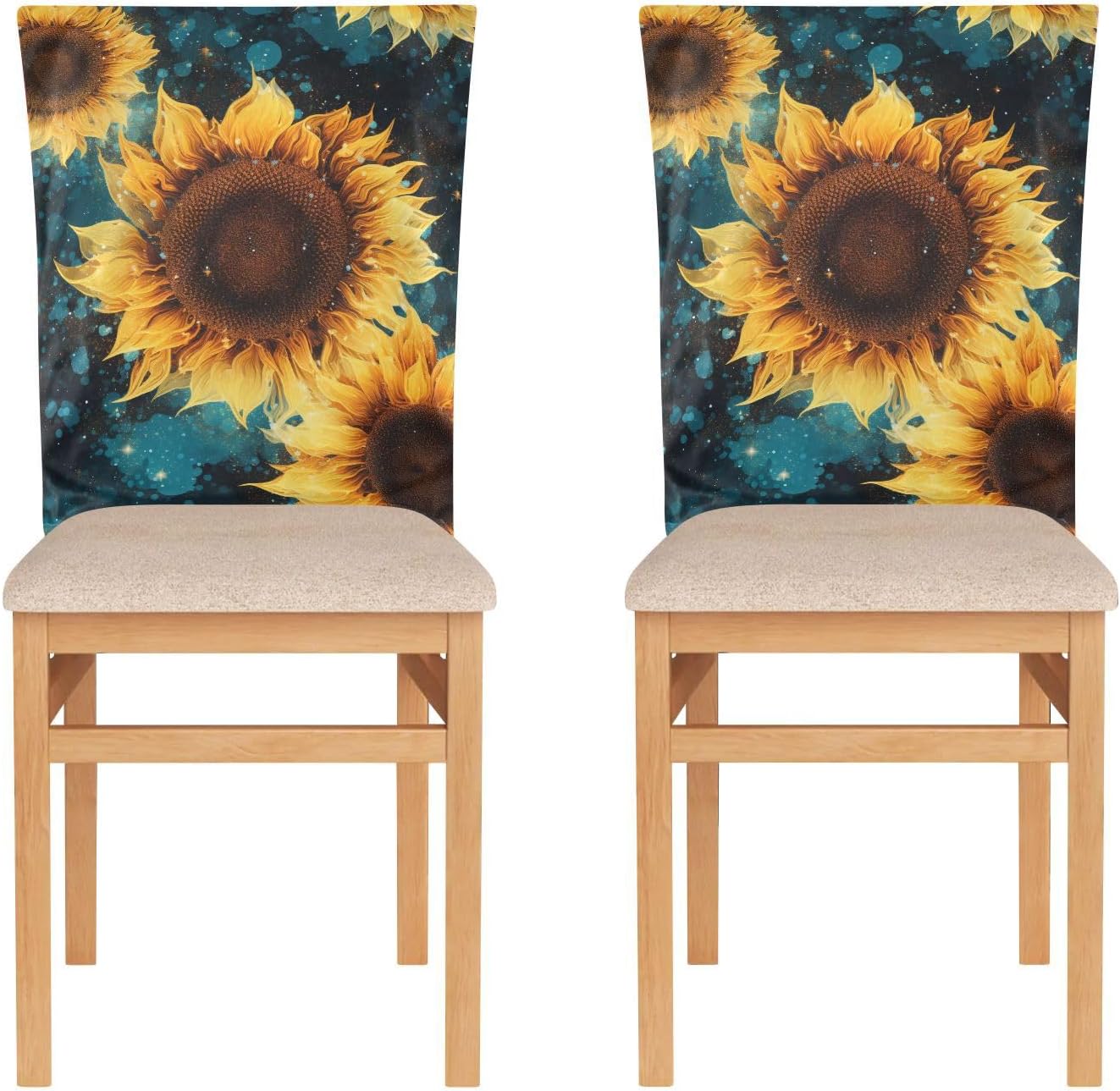 ALAZA Sunflowers Flowers Blue Geometric Chair Back Cover Set of 6, Washable Reusable Removable Chair Slipcovers Decorative Chair Cover for Home Kitchen Wedding Party