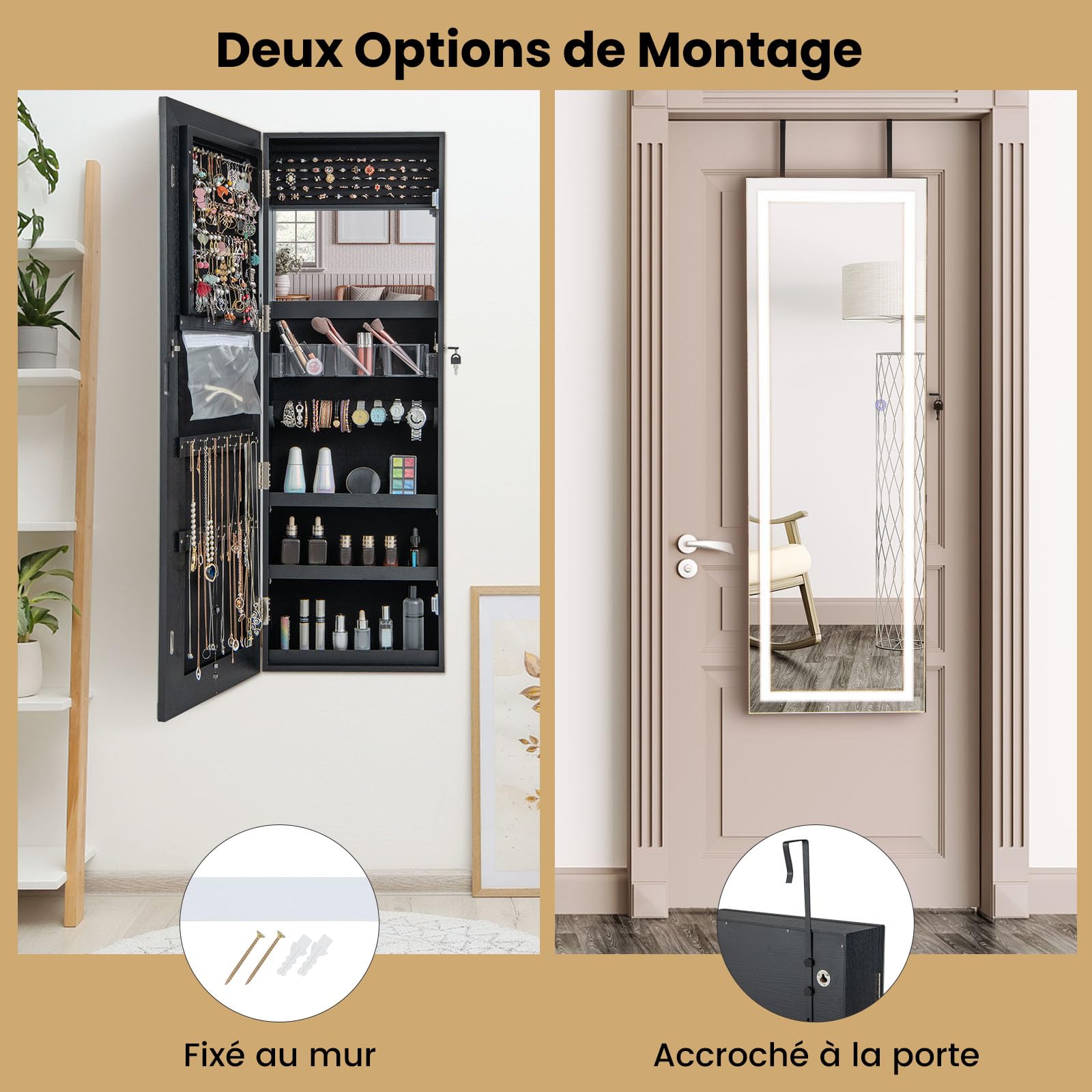 RELAX4LIFE Armoire à Bijoux Murale avec Miroir et Éclairage LED 3 Couleurs