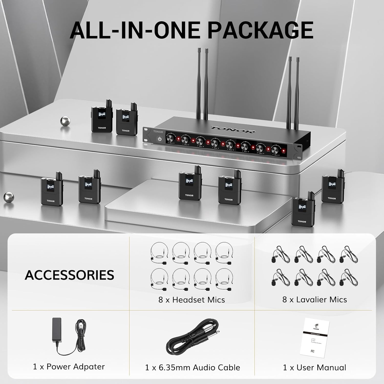 TONOR Wireless Microphones System with 8x12 Channels Headset/Lavalier Lapel Mics, Bodypack Transmitter, Receiver, 90 m/295ft UHF Range for Church Conference Performance Singing Karaoke PA Speaker - Image 8