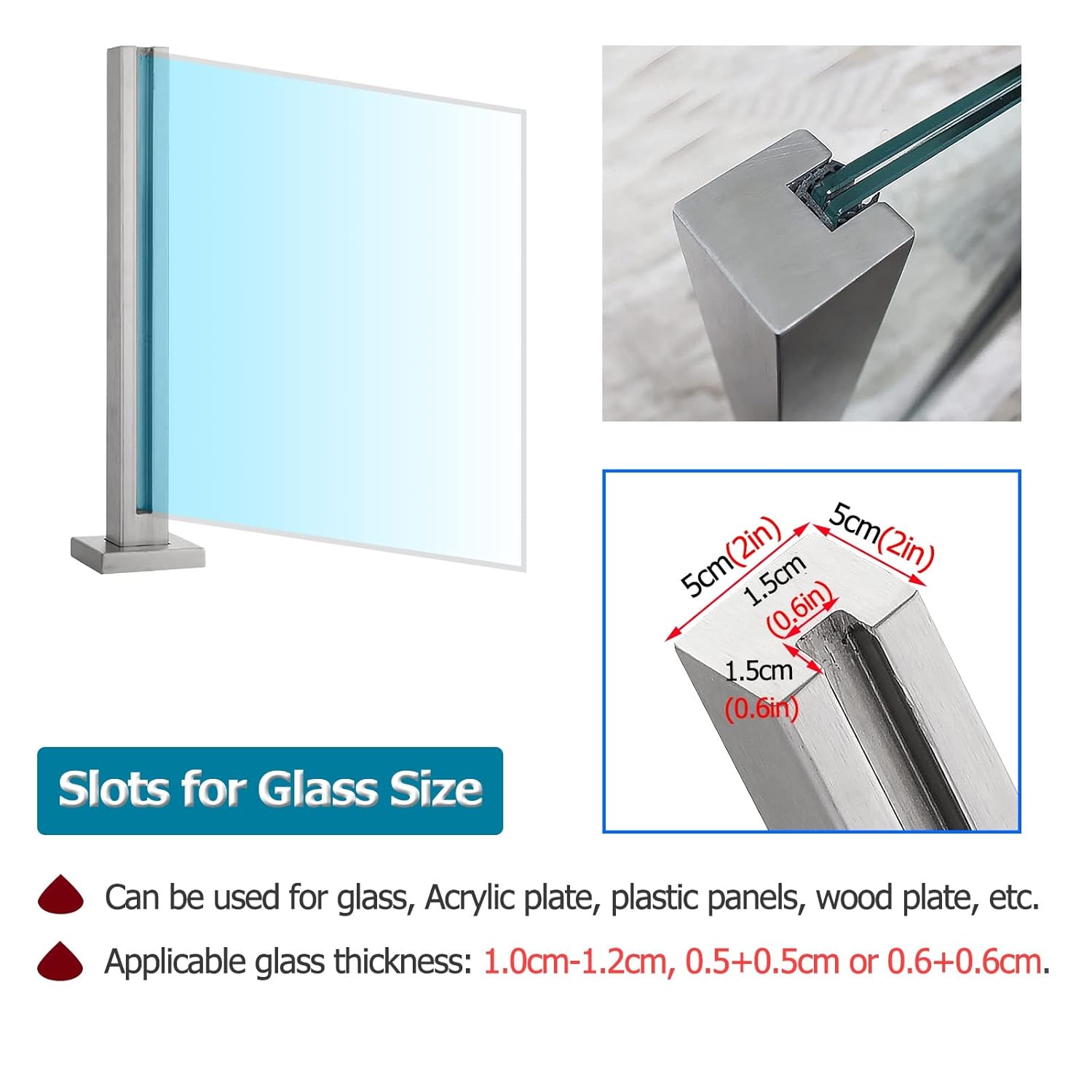 Balcony/Deck Glass Fencing Panels Post, Commercial Stairs Guardrail Posts/Handrail Support Pole, for 10-12 mm Thick Glass, Heavy Duty Stainless Steel