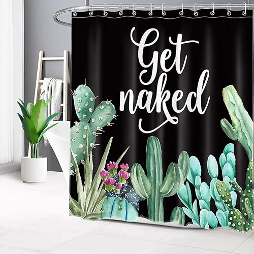 Vista 58 de LB Get Naked - Juego de cortinas de ducha de cactus con citas divertidas, plantas tropicales suculentas, verdes, acuarela, flores de cactus