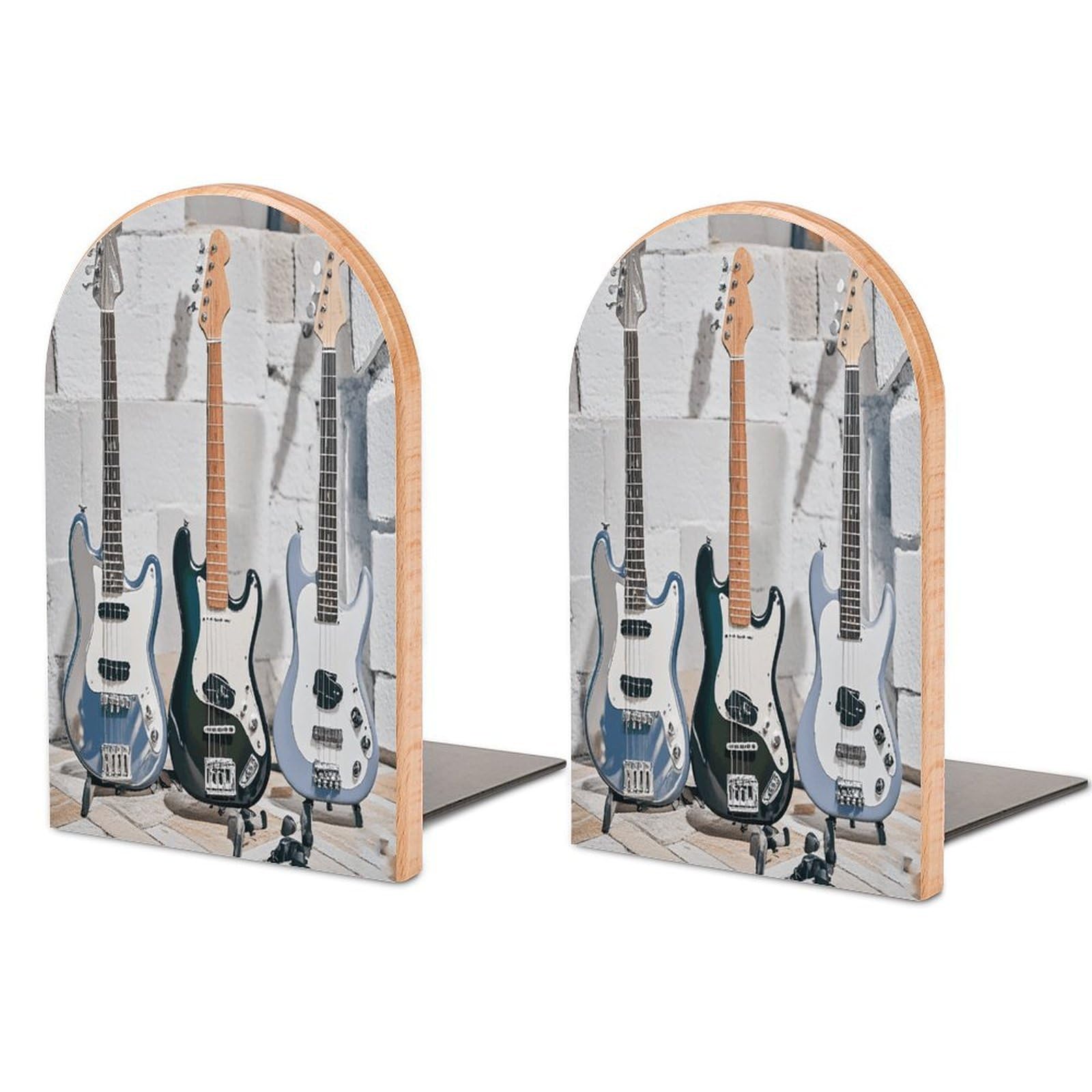 Guitar Bass Music Musical Instruments Bookend for Shelves Non-Skid Book Holder Modern Heavy Duty Bookend Stopper Metal Base Wood Book End Books Shelf Holder Home Decorative 1pair 5x3.9x3.1