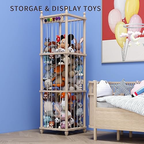 Miniatura 2 de Organizador de Almacenamiento de Juguetes de Madera para Animales de Peluche, Diseño Mejorado de Puf Hamaca de Animales de Peluche Red de Peluches,