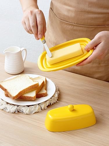 Miniatura 10 de Yedio Mantequillera de cerámica con tapa para refrigerador de encimera, soporte de mantequilla de 8 pulgadas con mango de perilla de cubierta de