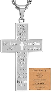 Bible Verse Cross Necklace for Men, Pendant Rope Chain for Baptism, Confirmation, First Holy Communion, Christening - Christian Gift for Fathers Day