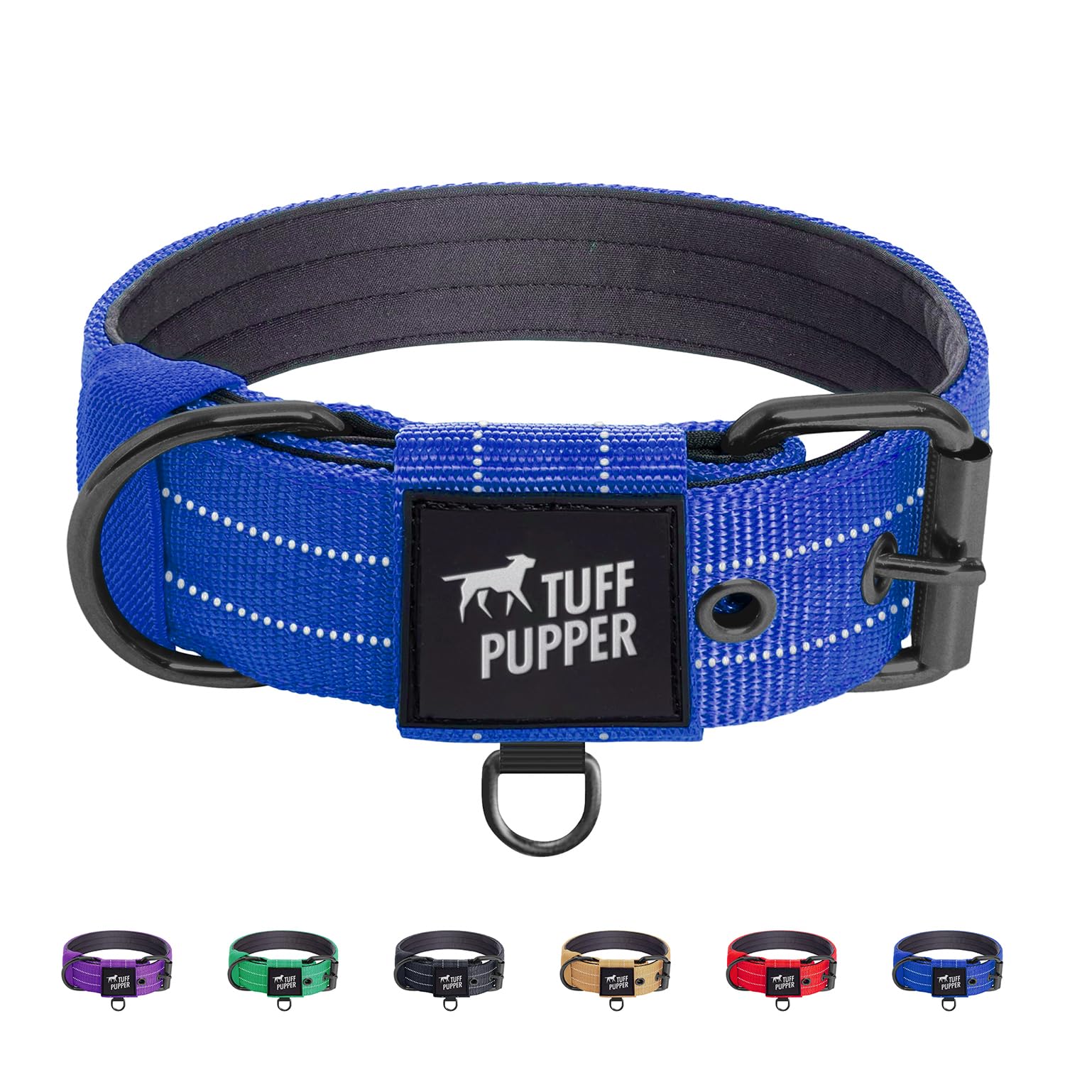 Tuff Pupper Heavy Duty Tactical Dog Collar | 1.5" Wide Ballistic Nylon | Reflective Stitching | Integrated ID Tag Holder | Stainless Steel Buckle | Padded Lining | Medium &amp; Large Dogs (Blue, Large)