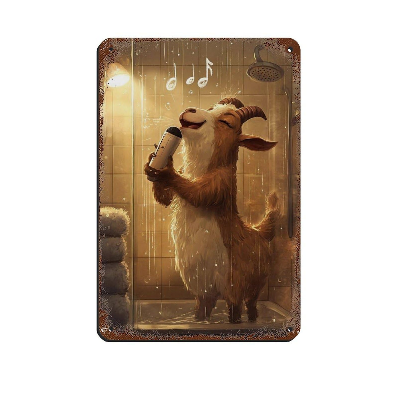 Lxwnze 20L X 30W Cm Singing Goat,Funny Shower Artwork Retro Poster Metal Tin Sign Chic Art Retro Iron Painting Bar People Cave Cafe Family Garage Poster Wall Decoration 8X12inch(20X30cm)