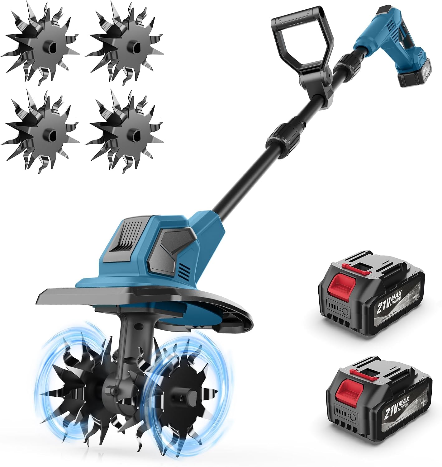 MGYM Cordless Tiller Cultivator, 21V Electric Tiller for Gardening with 2×4.0Ah Batteries, Lightweight Adjustable 9'' Tilling Width Battery Powered Tiller for Soil Cultivation & Lawn, Blue