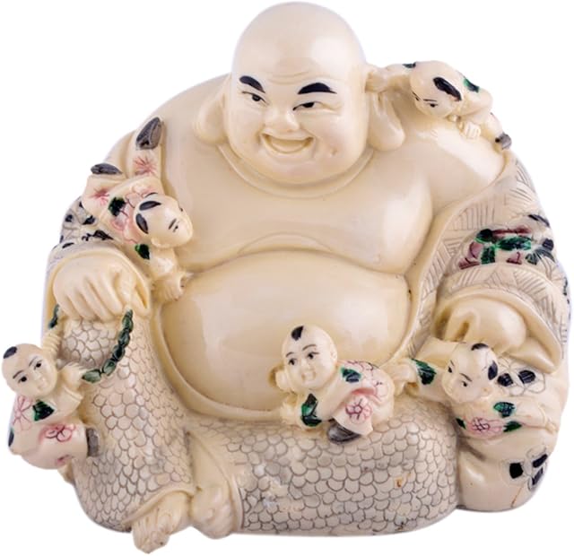 Fengshui Color Hand Painting Laughing Buddha with Five Children 4.7x3.5x3.1 Inch W Free Mxsabrina Red String Bracelet A1019
