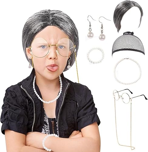 Disfraz de 100 días de escuela, disfraz de anciana para niñas, peluca de abuelita para niñas, gafas de abuelita, accesorios de disfraz para el día