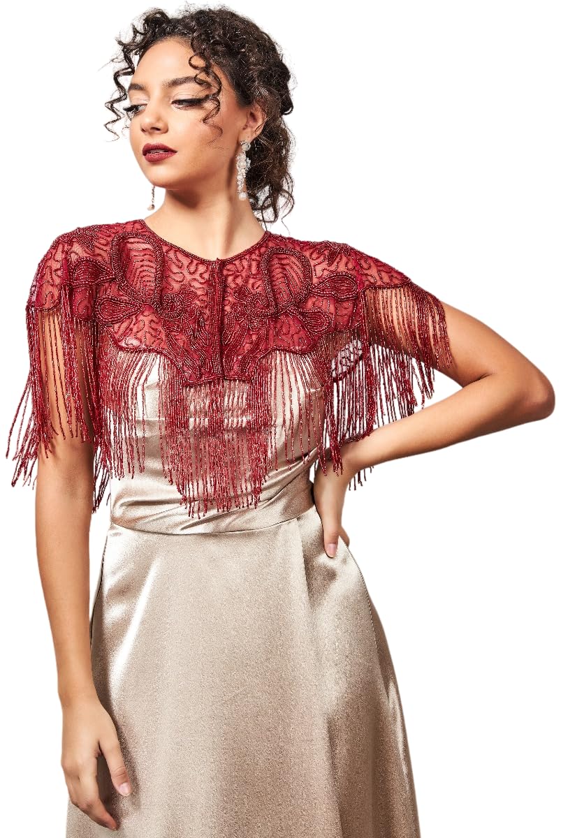 Gatsbylady LondonSuzi Embellished Cape in Red 20s Inspired Flapper Wedding Prom Jacket Bolero Great Gatsby Art Deco Downton Abbey Beaded Shrug Cape