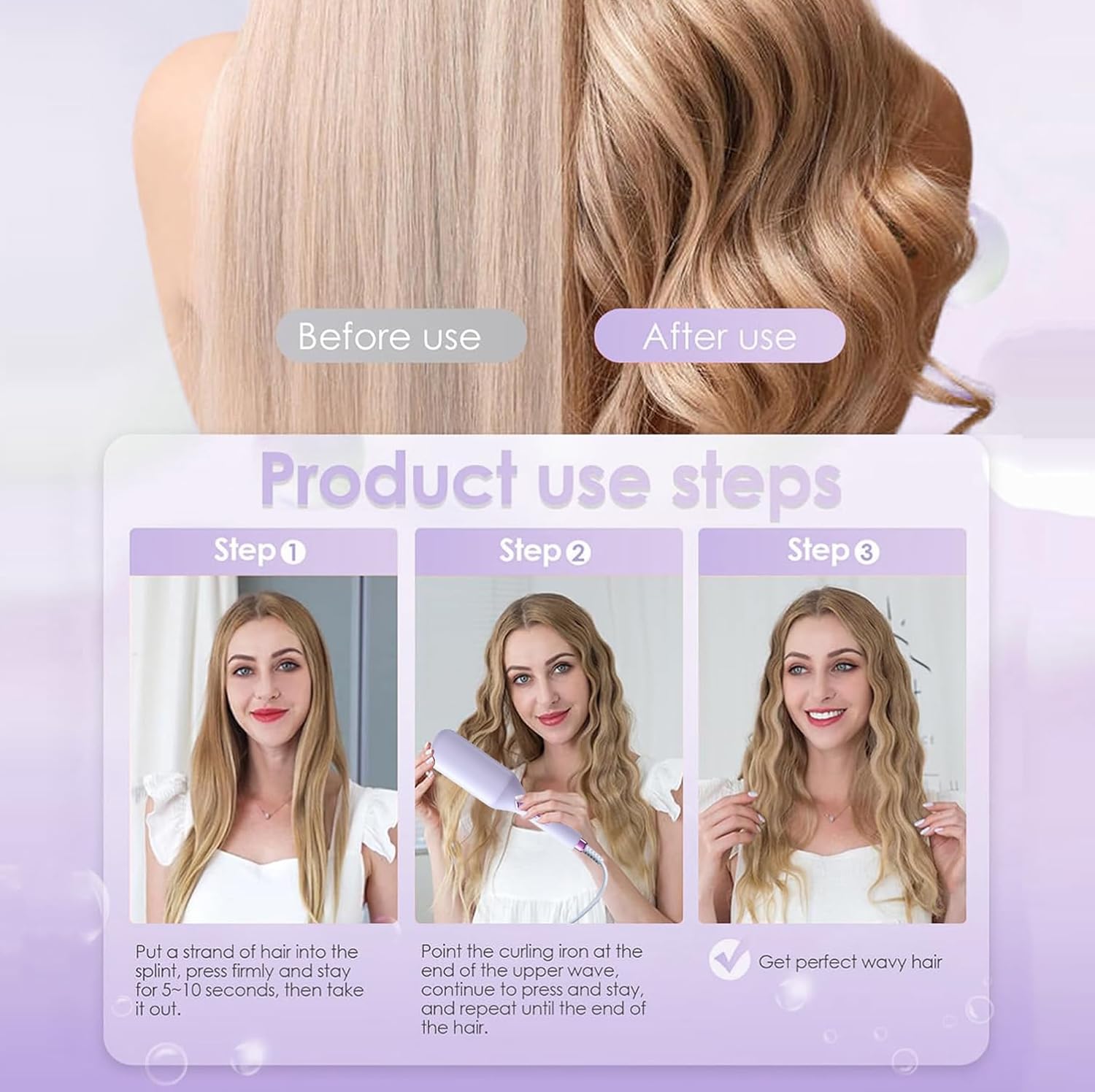 36mm Curling Iron Hair Crimper Waver - ROVY W Waves Curling Wand, Ionic Deep Waver Hair Curler Tool with Ceramic 3 Barrel for Women, Dual Voltage, Anti-Scald, Easy to Use, 1.42 Inch