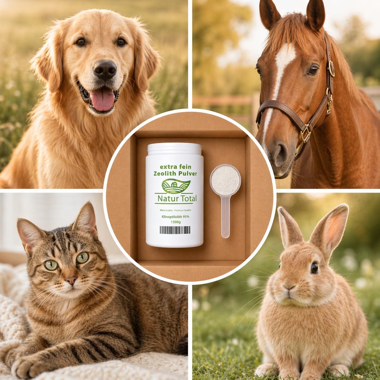 Natur Total Zeolith Pulver 1500g für Pferde, Hunde & Katzen – 93% Klinoptilolith, mikrofein mikronisiert – Futterzusatz schadstoffgeprüft – EU-Zulassung E567/E568