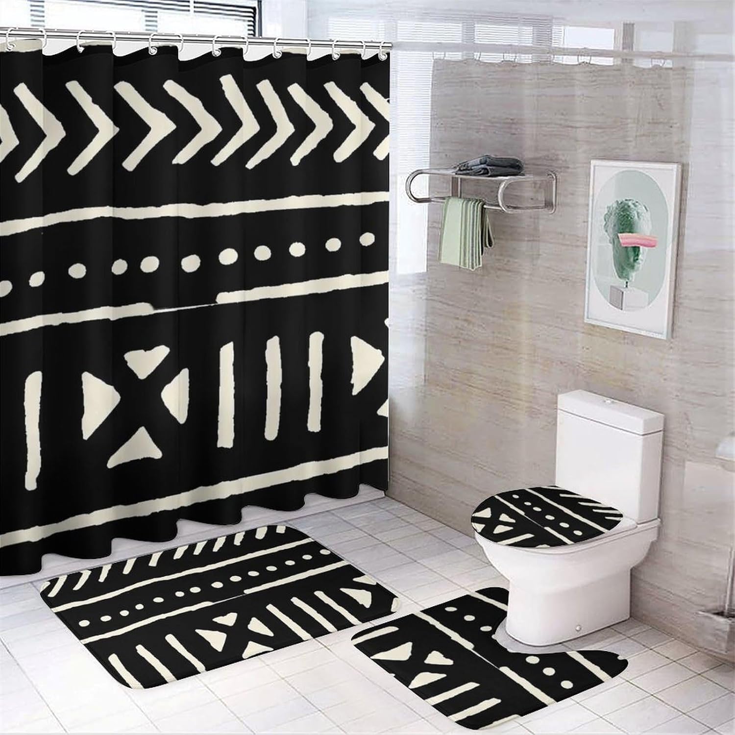 African Mud Cloth Black and White Bathroom Four Piece Set, Including Floor Mat and Shower Curtain