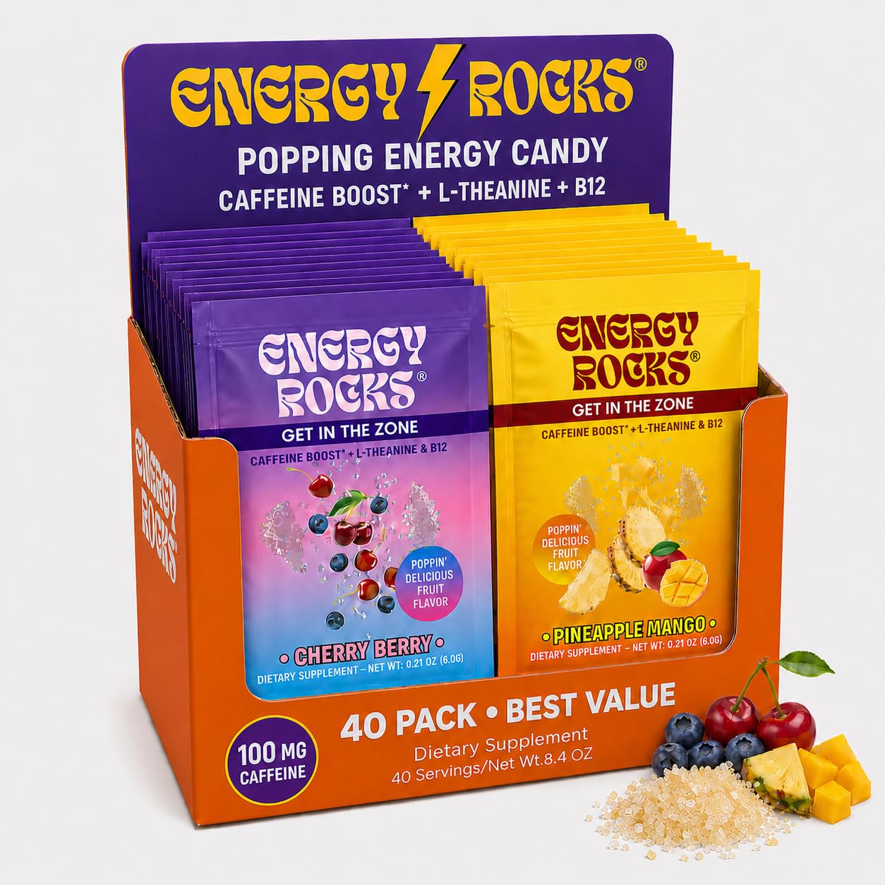 Energy Rocks Bala mastigável de cafeína e L-teanina 100 mg, Cherry Berry e Pineapple Mango, 6 unidades