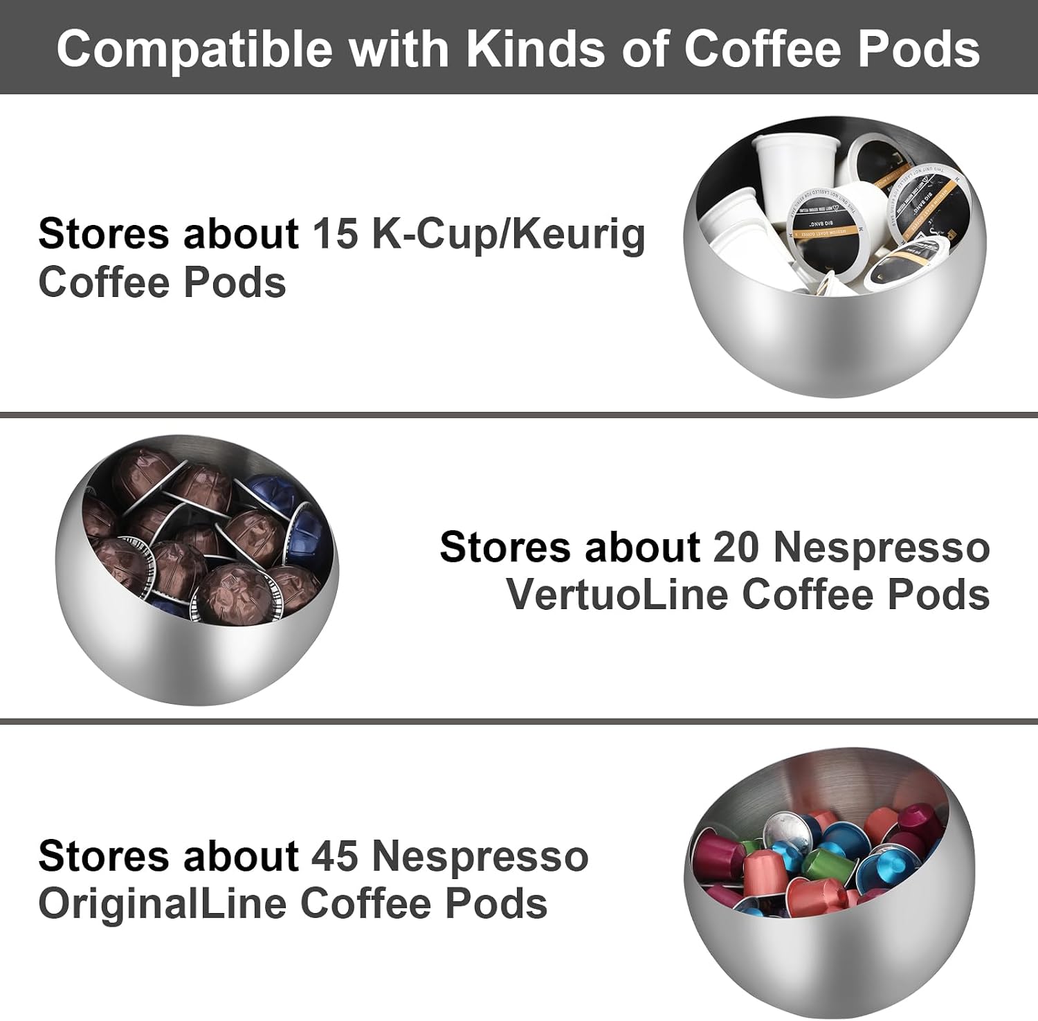ELLDOO Coffee Pod Holder, Silver Metal Coffee Pod Storage for K Cup Nespresso Vertuo Keurig, Creamer Organizer Candy Bowl Fruit Jar for Countertop Kitchen Breakroom (Without Base)