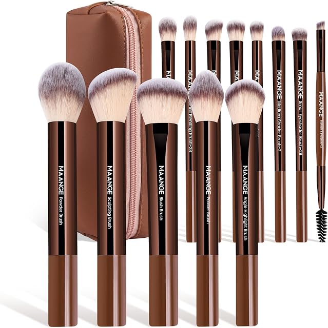 MAANGE 13 PCS Brosses de maquillage Professionnel Brosses en poudre synthétique de qualité supérieure Brosses Brosse de maquillage de voyage avec boîtier (Coffee)