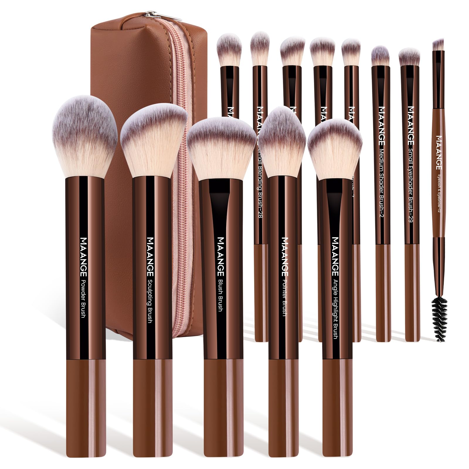 MAANGE Set di 13 pennelli da trucco professionali da viaggio con custodia (caffè)