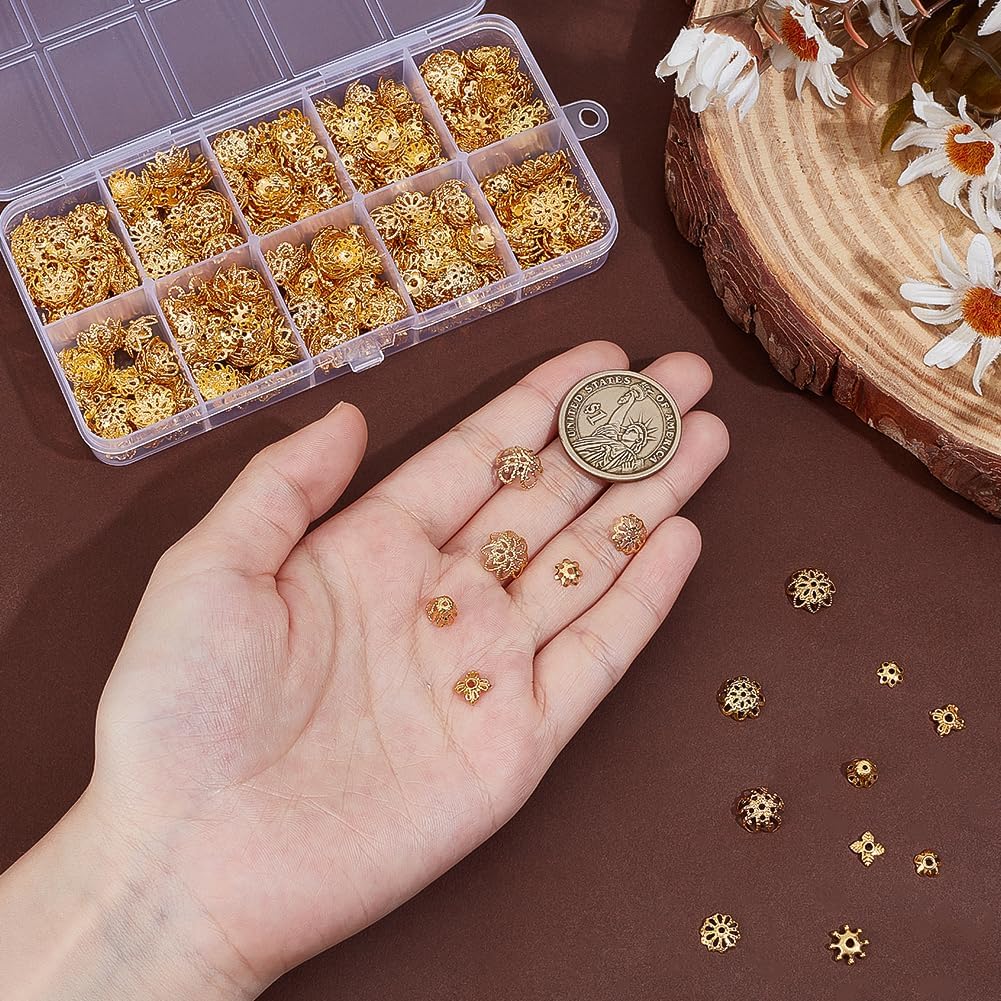 PH PandaHall 890pcs Golden Flower Bead Caps Bulk 10 Styles Spacer Beads Caps Metal Filigree Flower Spacer Beads Alloy Jewelry Bead End Cap for Bracelet Necklace Earrings Jewelry Making Supplies