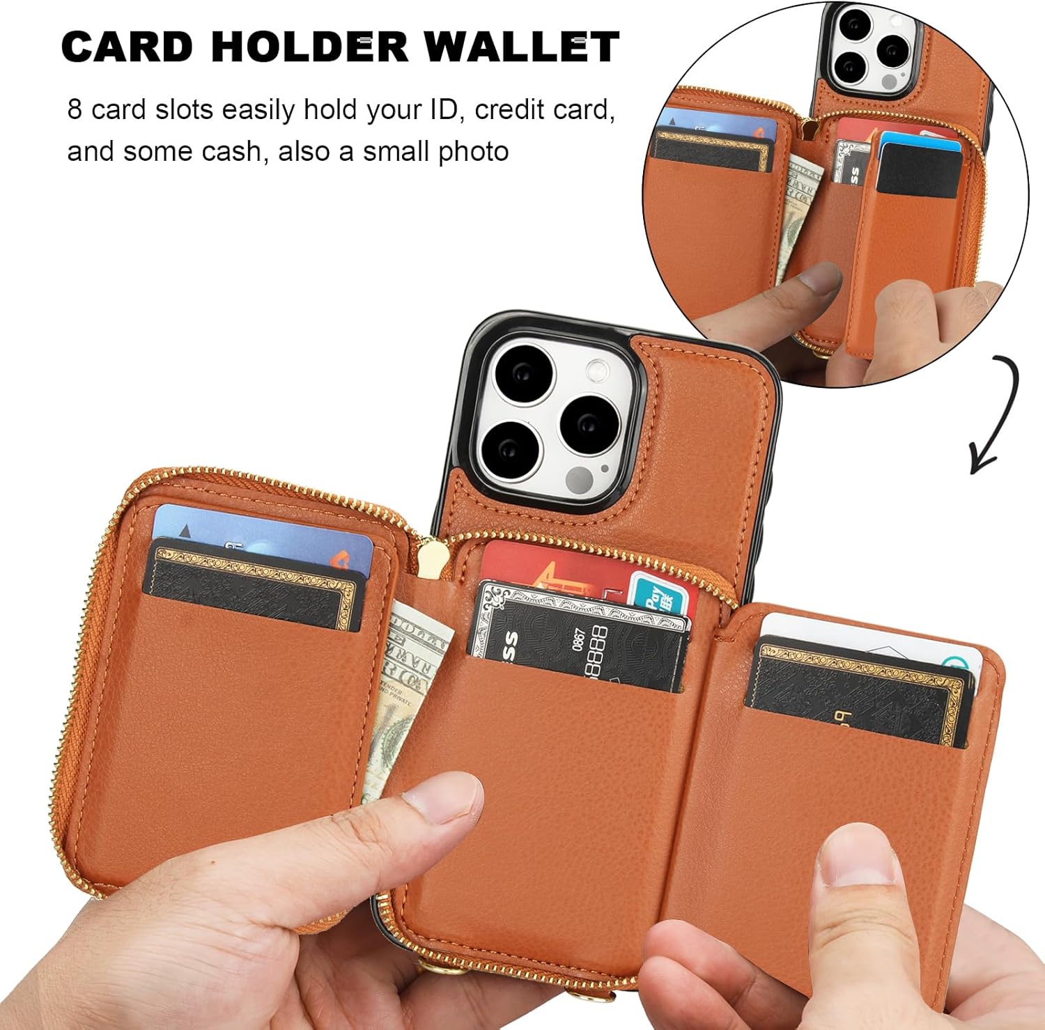 Bocasal RFID Blocking Wallet Case for iPhone 15 Pro Max, Adjustable Crossbody Zipper Purse Case Card Holder with Kickstand Detachable Wrist Strap, PU Leather Flip Folio Case 6.7 Inch 5G (Brown)