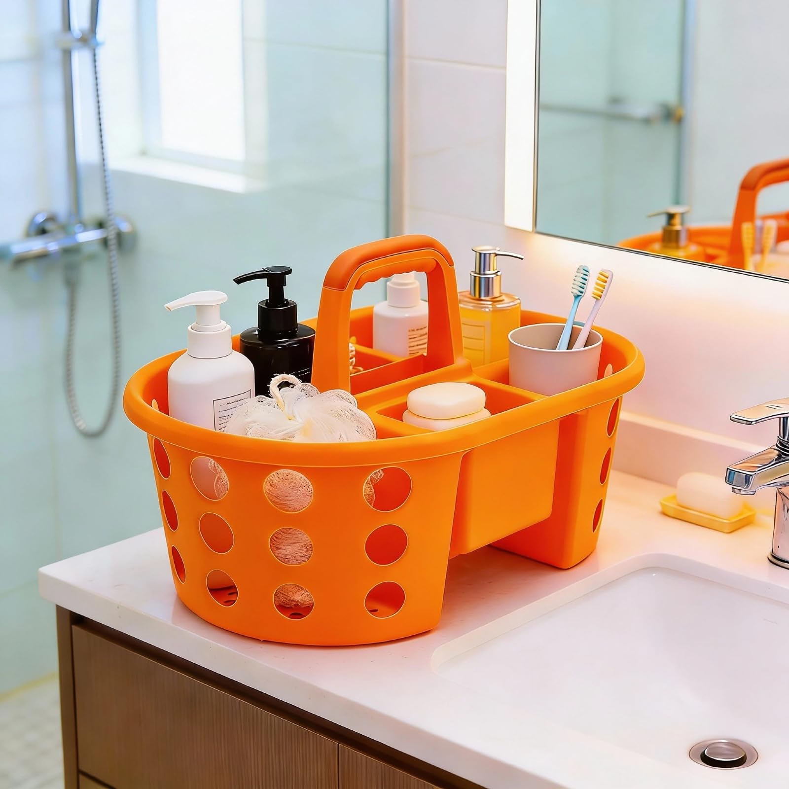 SIMPLYKLEEN Duży przenośny pojemnik prysznicowy, wykonany w USA, plastikowy, duży rozmiar, torba na cukierki z uchwytem, organizer prysznicowy do łazienki, spiżarni, kuchni, akademika, pomarańczowy