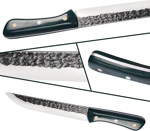 Miniatura 5 de FULLHI Juego de cuchillos de carnicero portátil de 12+3 piezas, mango de madera verde con bolsa para cuchillos, cuchillo de chef forjado a mano,