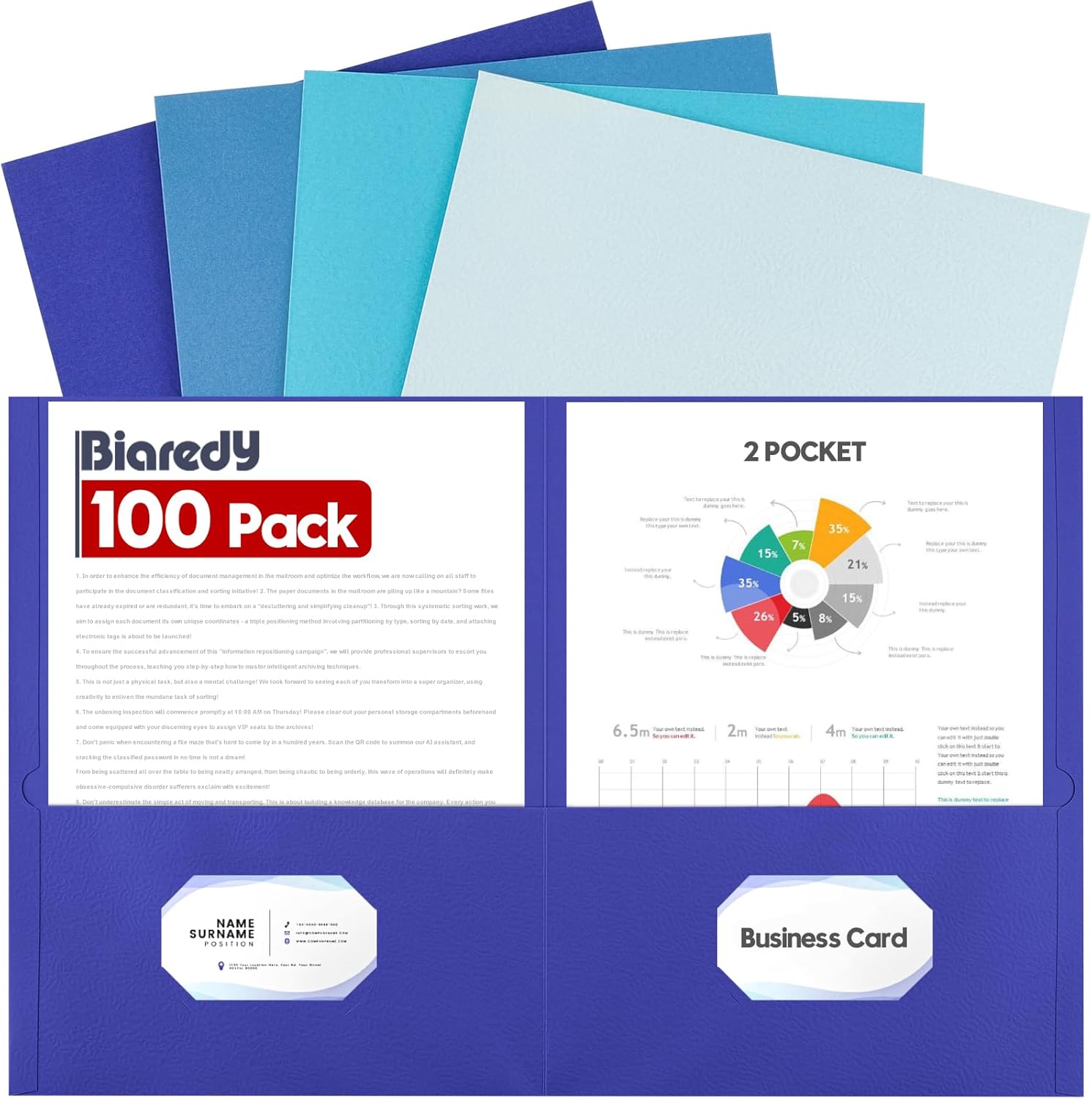 Folders with Pockets, 100 Pack Letter Size Durable Thick Paper 2 Pocket Folders, Holds 100+ Sheets with Business Card Slot for Presentation, Office, School and Home, Blue Assorted