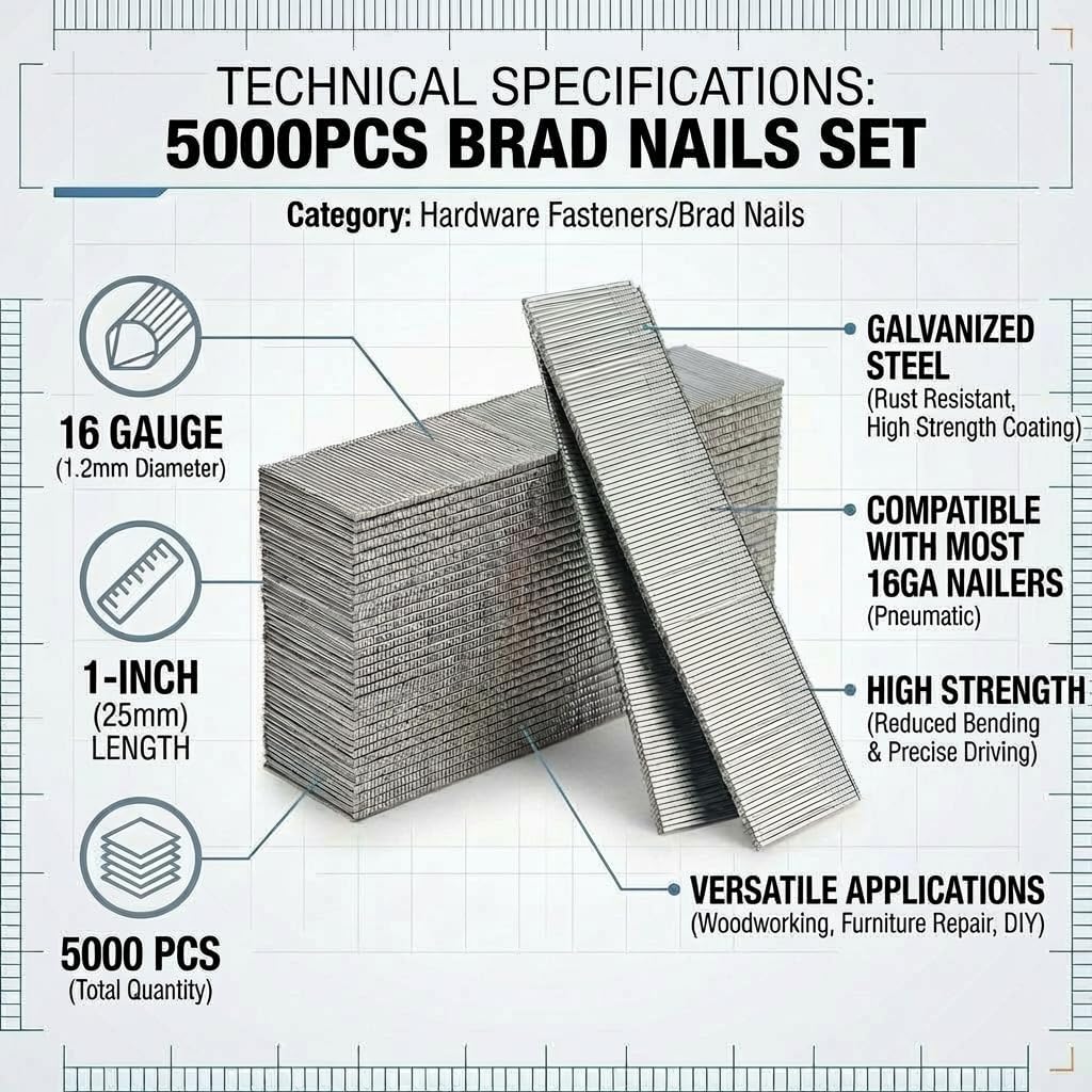 18 Gauge Brad Nails Compatible for DEWALT DCN680D1, DWFP12231, 1 Inch Galvanized Finish Nails for RYOBI P321, Rust-Resistant Nail for Milwaukee 2746-20– Pneumatic & Electric Brad Nailer, 5,000 Count view 2