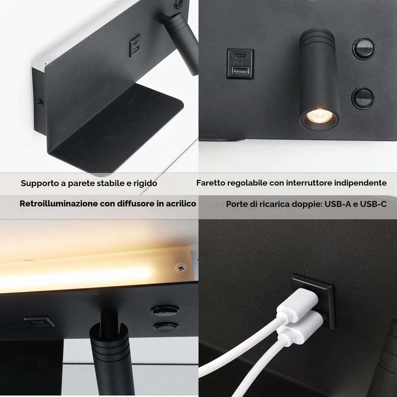 Alpinaluz Applique da Parete Moderno Nero Opaco con Faretto Destro, Luce Calda 2700K, Porta di Ricarica USB-C e USB-A, Luce Ambientale con Diffusore in Acrilico, Supporto per Cellulare e Due