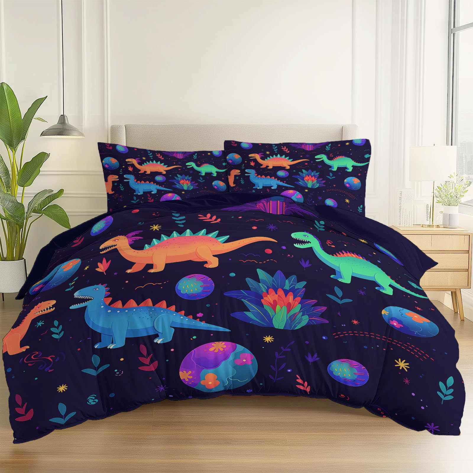 Illustration Fantastique Parure de Lit 140 x 200 cm, Cartoon Univers Dinosaure Étoiles Douce Microfibre Housse De Couette avec Fermeture Éclair et Taies d'oreiller, Violet Foncé