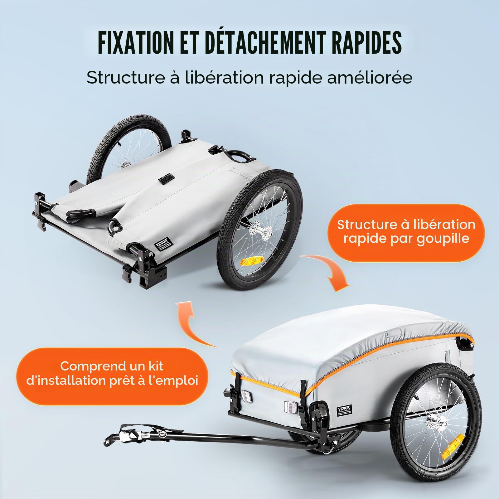 VEVOR Remorque de vélo pliable robuste, capacité de charge 88/100/72,6 kg, attelage universel
