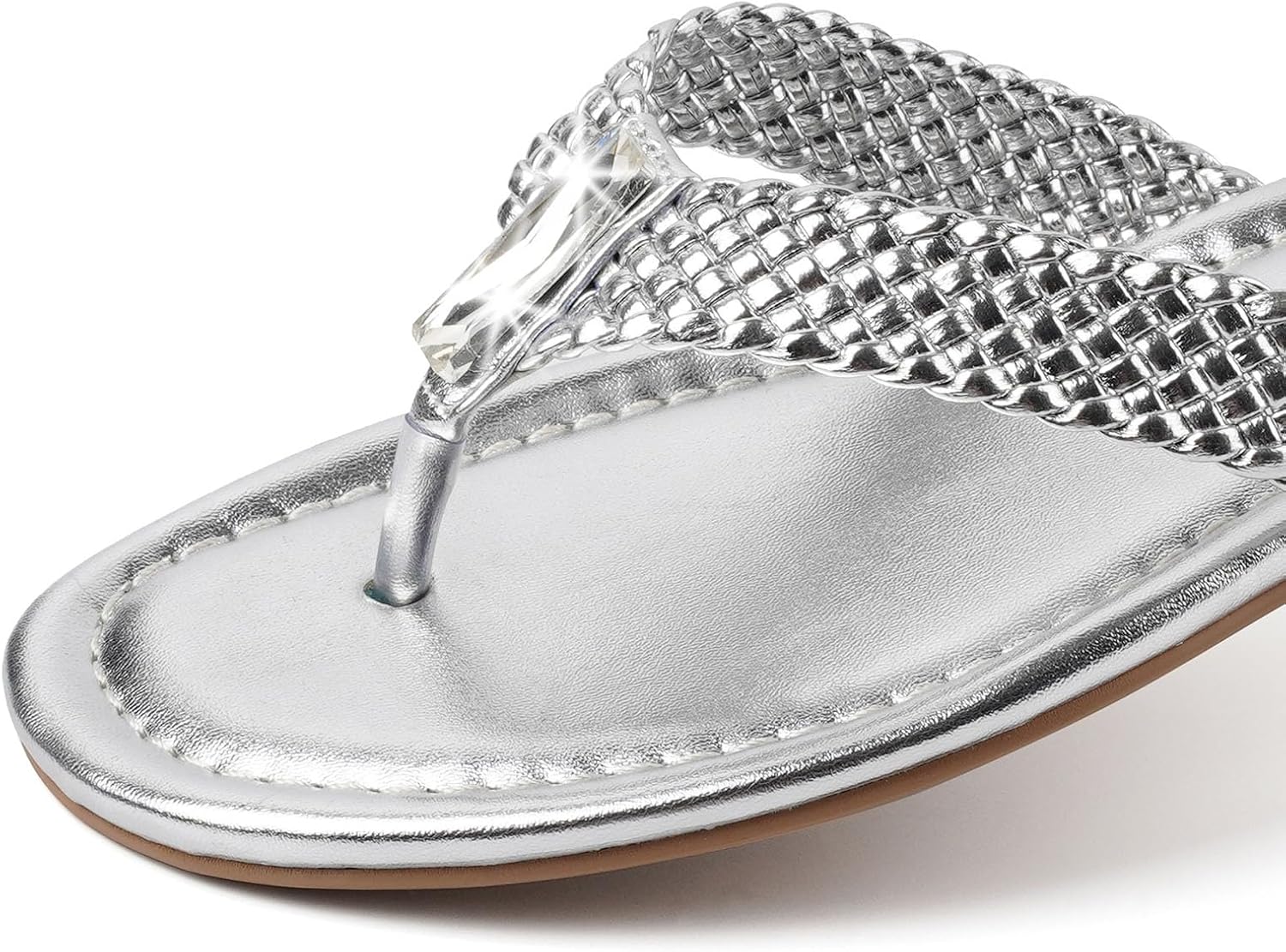 Women's Flip Flops Flat Thong Sandals for Women Round Toe Slip On Beach Sandals Comfortable Flat Heel Slippers Soft Woven Straps Embellished Gemstone Cute Dressy Casual