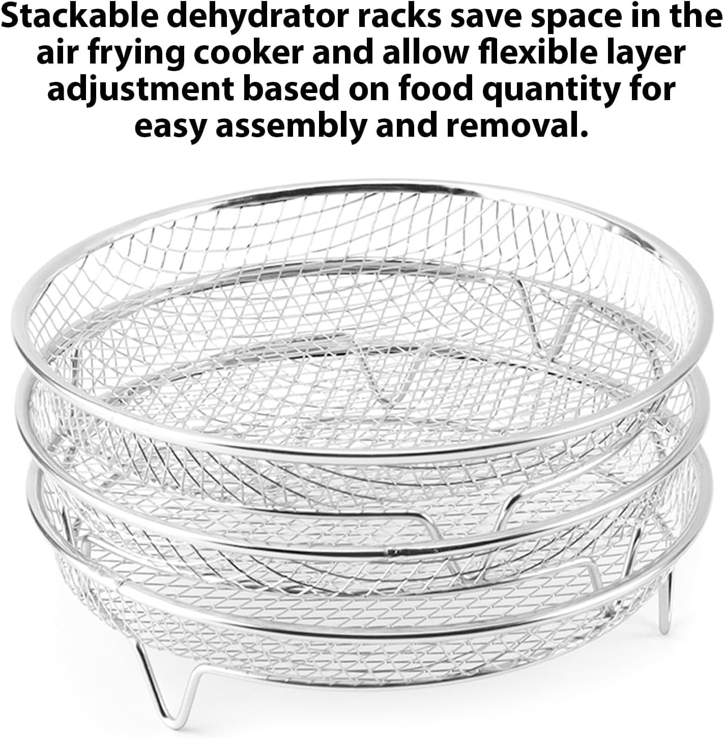 Air Frying Cooker Rack 3pcs Stackable BBQ Racks Stainless Steel Grill Rack with Spare Clamp and Silicone Feet (Round)