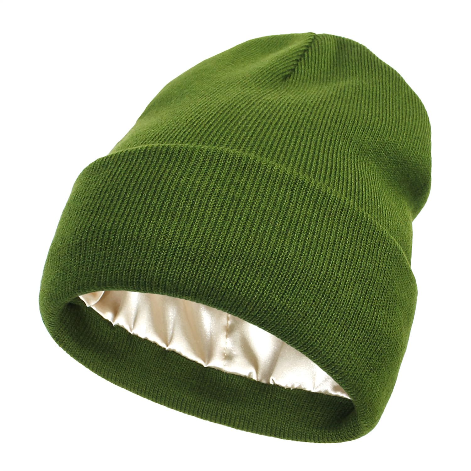 No Static No Frizz No Tangle Hat, Satin Lined Hats for Women, Ladies Winter Silk Lined Beanie, Knit Solid Slouchy Sleep Hats Green
