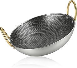 Crega Non Stick Stainless Steel Wok Pot with Lid 10 Inch Honeycomb Cooking Pan with Double Handles Round Bottom Stewpot for Frying BBQ Ramen Stews Outdoor Cooking 2L