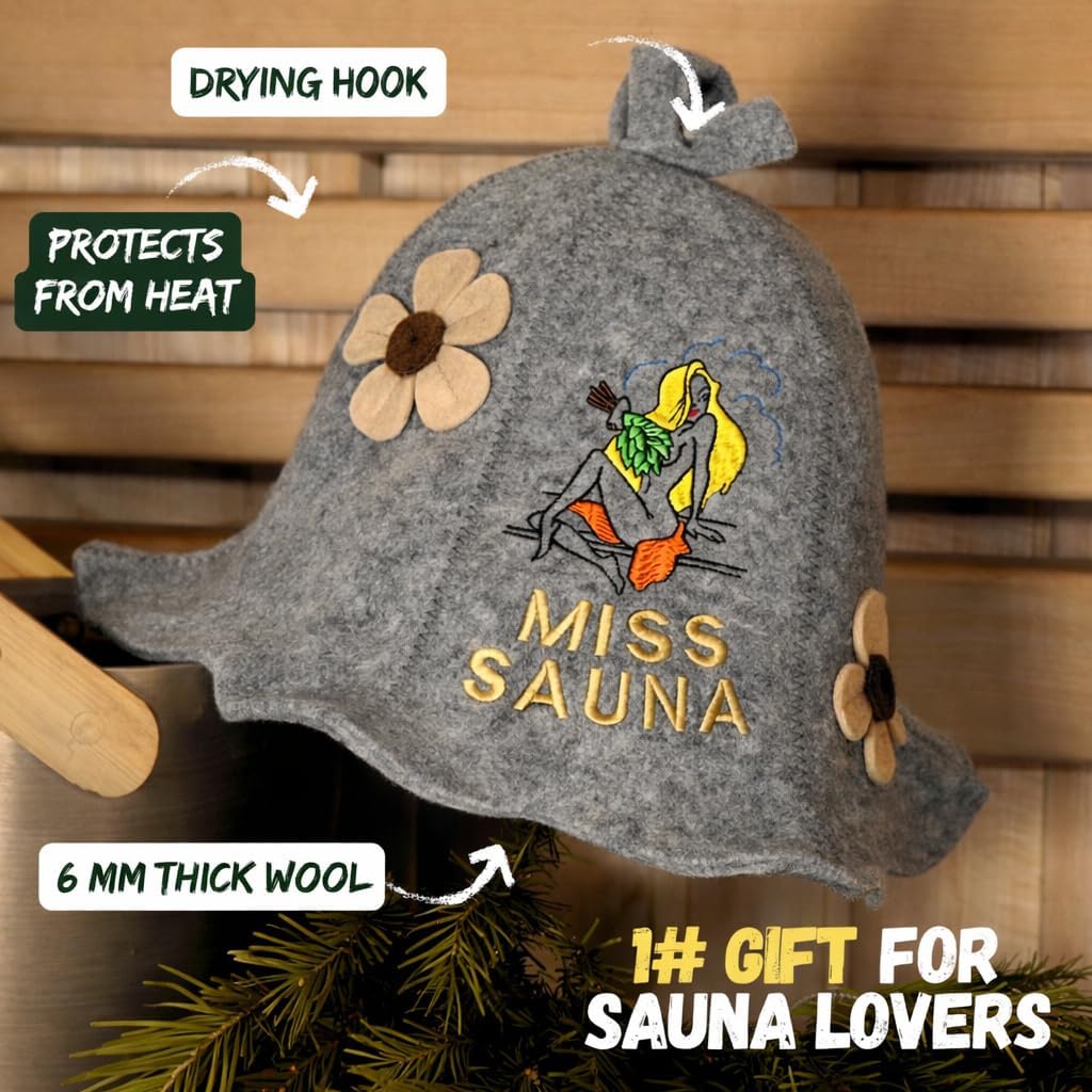 Sauna Hat 'Miss Sauna Flower' Grey - 100% Organic Wool Felt Hats for Russian Banya - Protect Your Head from Heat - Sauna eBook Guide Included - with Embroidery